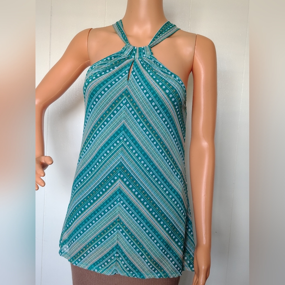 New York & Company Teal Chevron Halter Top Size S.